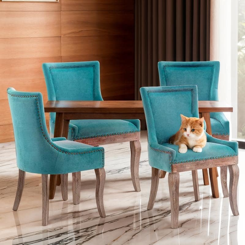 Thickened Side Dining Chair with Solid Wood Legs Set of 4 - Blue