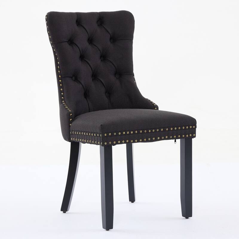 Set of 2 Linen Upholstered Dining Chair with Wood Legs, Nailhead Trim
