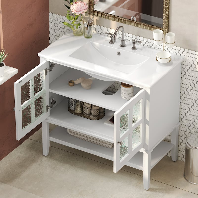 36" Bathroom Vanity with Ceramic Sink, Bathroom Vanity with Adjustable Shelf and Open Shelf, Waterproof Painted Finish - White