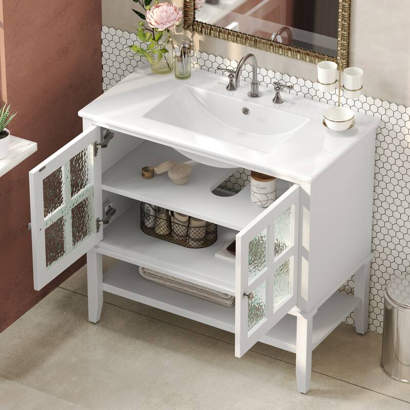 36" Storage Cabinet for Bathroom Vanity with Sink, Textured Glass Doors, Open Shelf, Silver Metal Knobs and Adjustable Shelf