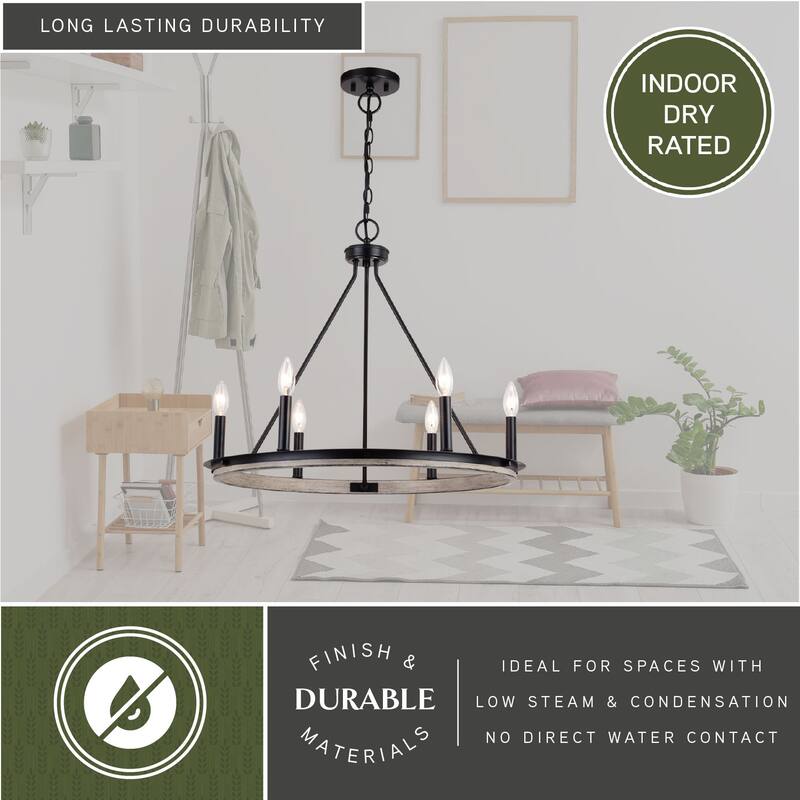 Russel 6 Light Matte Black and Weathered Gray Farmhouse Candle Wheel Chandelier - 24.75-in W x 21.5-in H x 24.75-in D