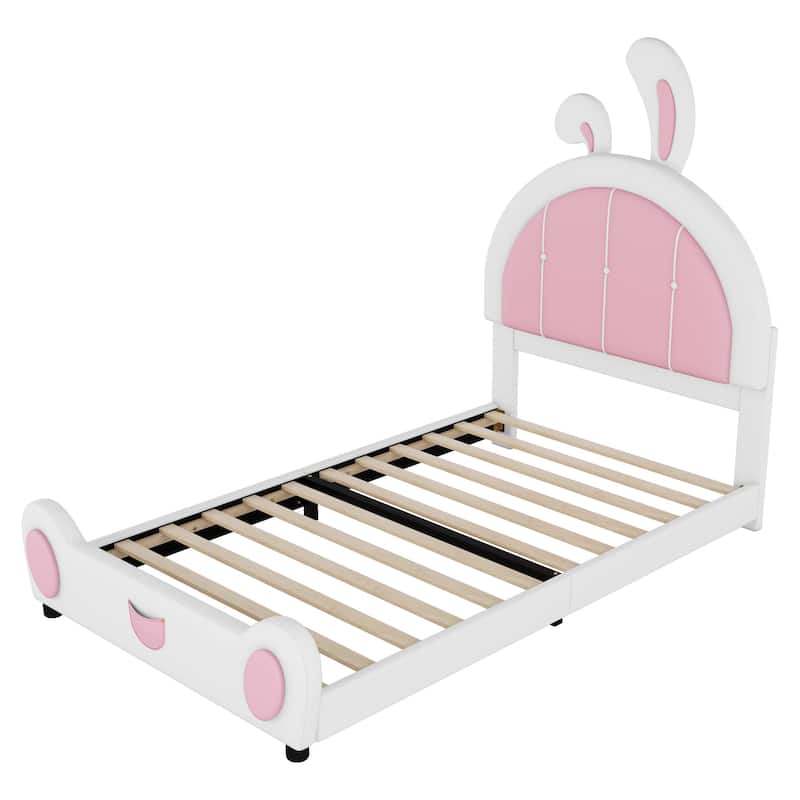 Adorable White Twin Upholstered Bed with Rabbit-Shaped Headboard!