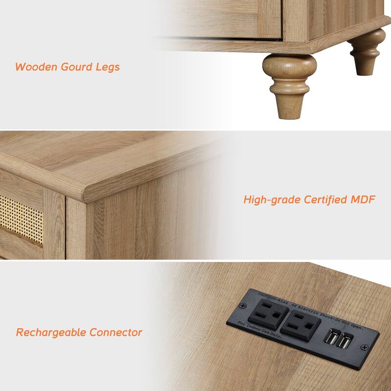 3 Piece Bedroom Set, Queen Size Bed Frame & Set of 2 Nightstands, Oak