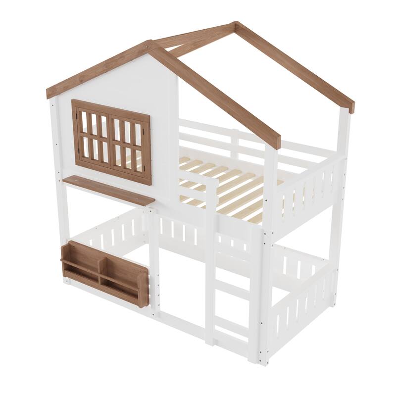 Fairytale House Bunk Bed Wood Loft Bed Frame with Bookshelf and Shelf