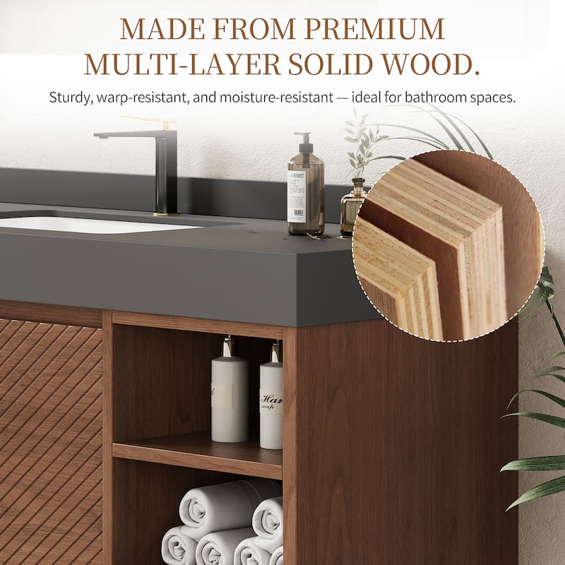 48" Modern Floating Single Bathroom Vanities, Solid Wood, Brown, 2 Drawers