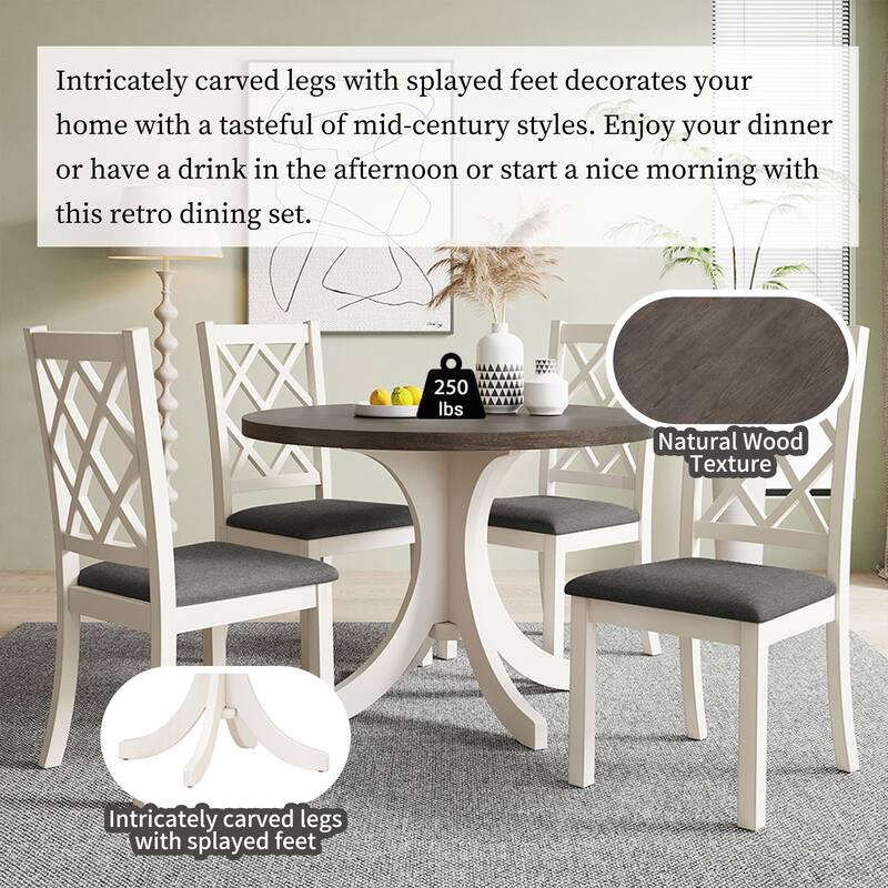 Solid Wood Round Dining Table Set with Upholstered Chairs, 5-Piece