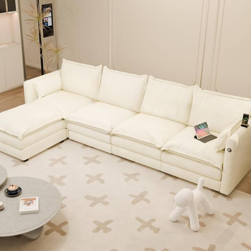 Modular Sectional Sofa L Shaped Couch, 3/4 Seat Sofa Set with Ottoman, Chenille Fabric - Beige-5 Pieces