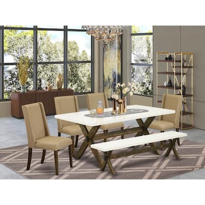 Modern 6-Piece Dining Set - Rectangular Table, 4 Chairs, Bench - Dark Khaki Fabric