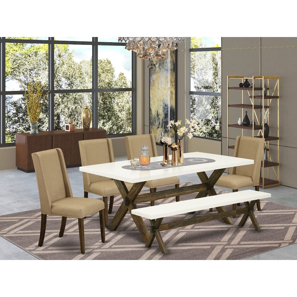 Modern 6-Piece Dining Set - Rectangular Table, 4 Chairs, Bench - Dark Khaki Fabric