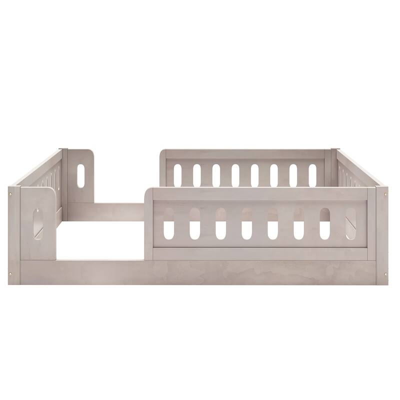 Roomfitters Full Size Wood Platform Bed with Semi-Enclosed Guardrail, Low Profile