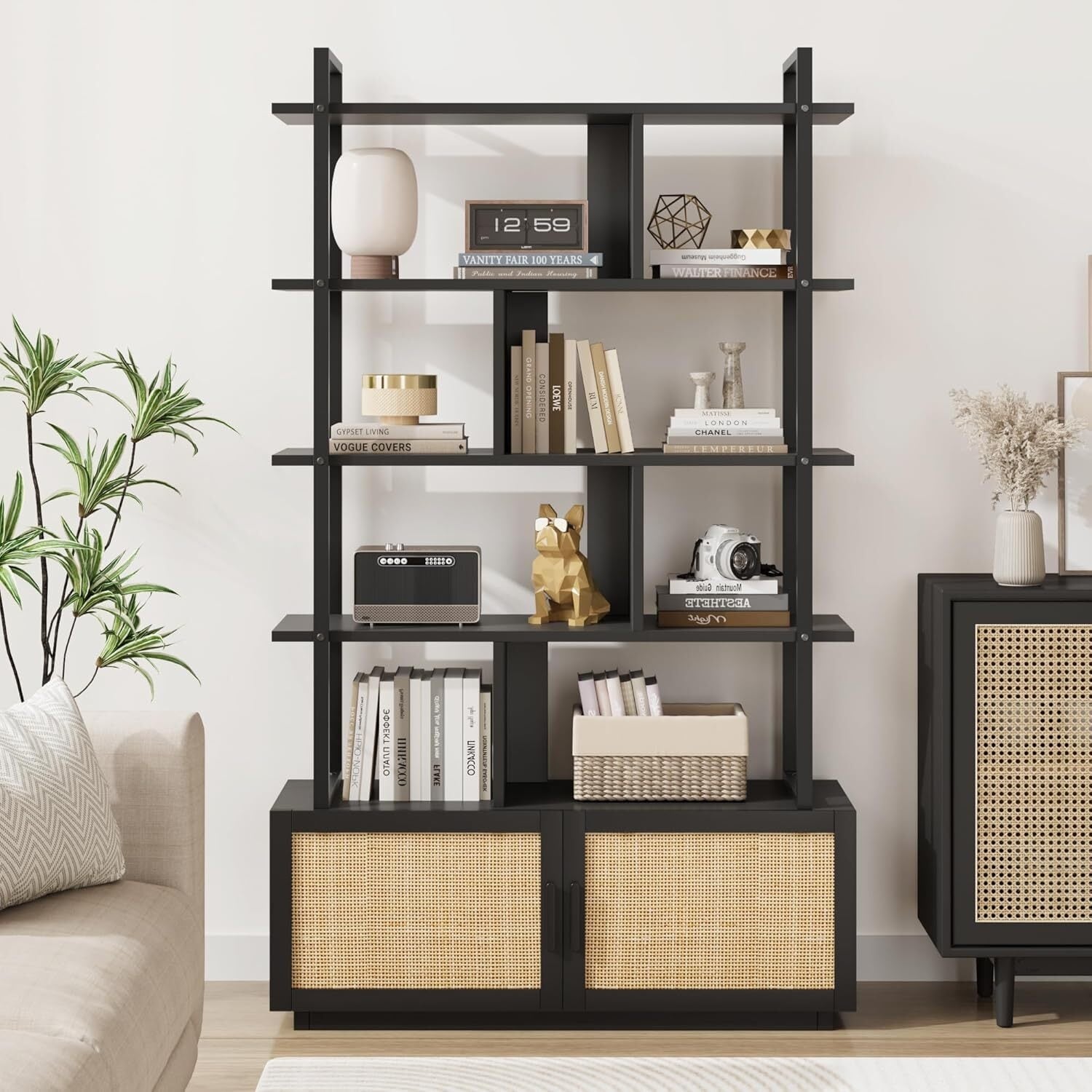 71.1 Inch Tall Rattan Bookshelf, 5 Shelf Industrial Bookcase with Storage Door and Open Display Shelves, Metal Frame