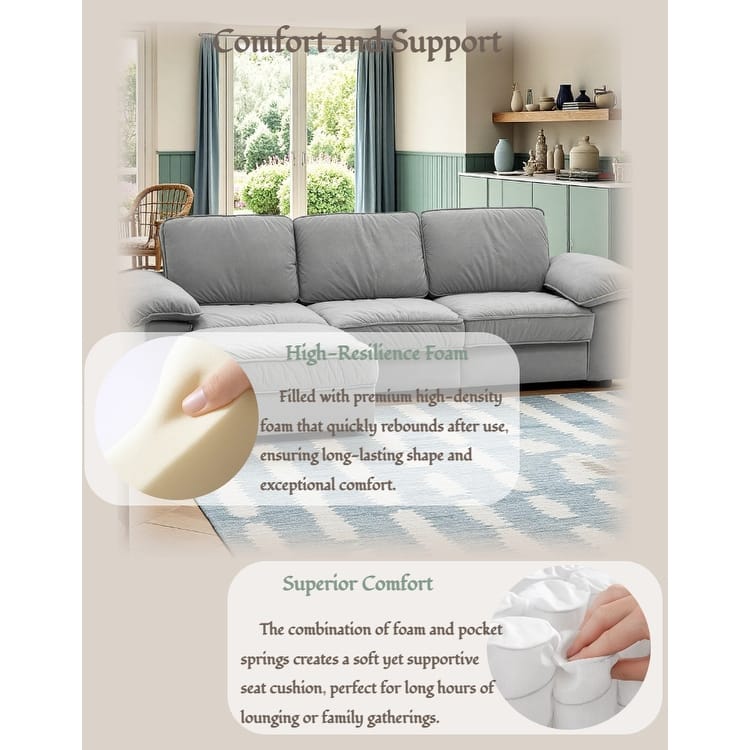 Upholstered L-Shaped Sectional Sofa Couch with Ottoman, Modern Fabric Deep Seat Sofa