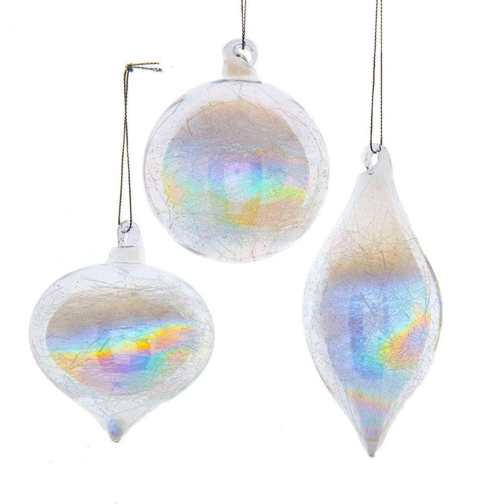 Kurt Adler 80MM Clear Iridescent Ball, Onion and Teardrop Ornaments, 3 Piece Set - N/A
