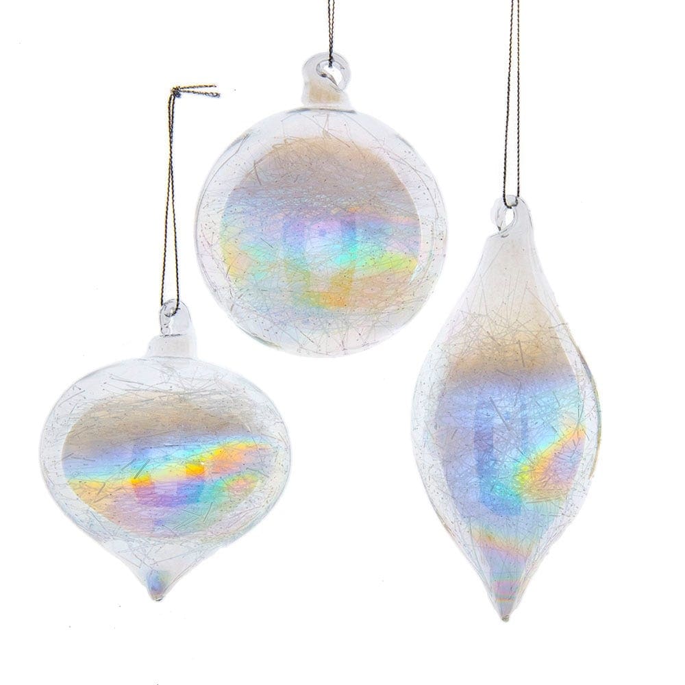 Kurt Adler 80MM Clear Iridescent Ball, Onion and Teardrop Ornaments, 3 Piece Set - N/A