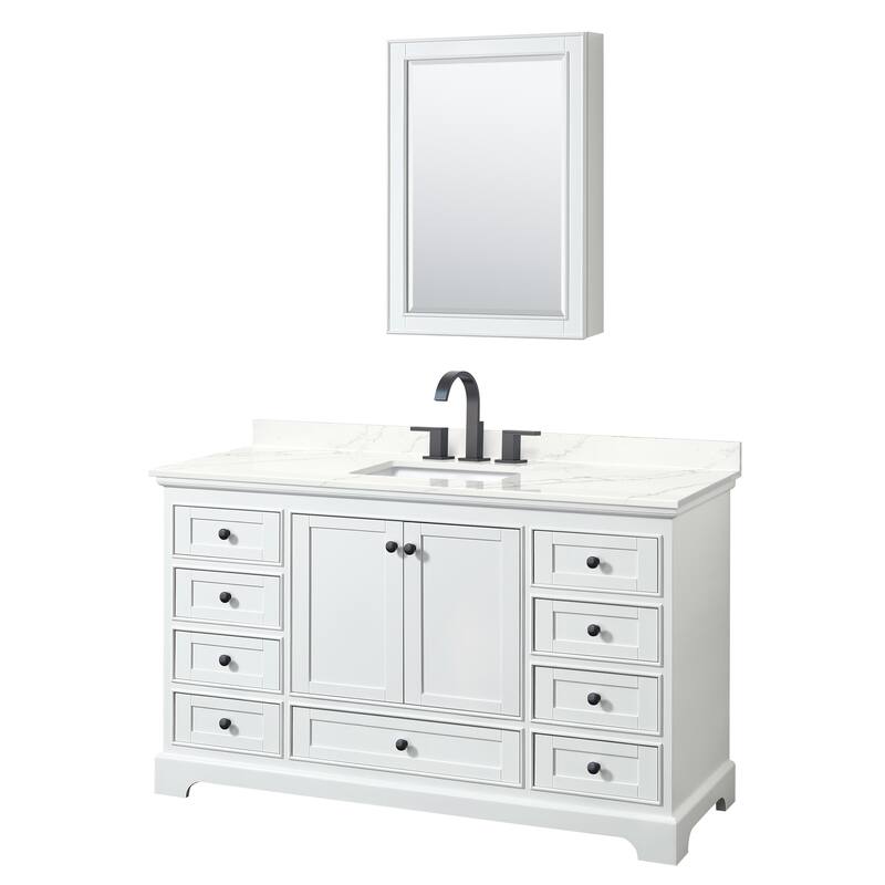 Deborah 60-inch Single Vanity, Quartz Top, Medicine Cabinet - White, Black Trim, Giotto Quartz Top