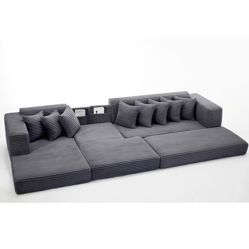 Floor Sleeper Sofa Bed Convertible L-shaped Modular Sectional Couch with Chaise, Corduroy Compression Sofa with Side Pockets