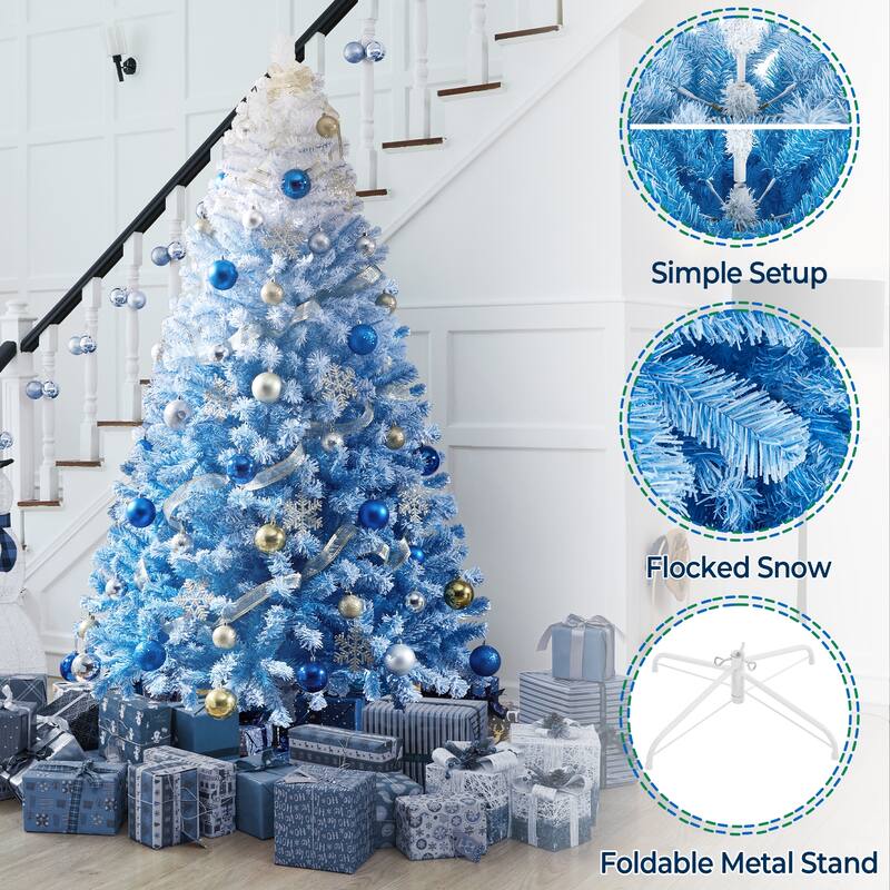 Yaheetech Premium 6ft/7.5ft Snow Flocked Artificial Decorative Christmas Tree, Lake Blue Gradient