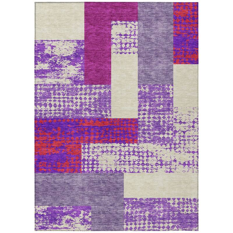 Machine Washable Indoor/ Outdoor Modern Blocks Chantille Rug