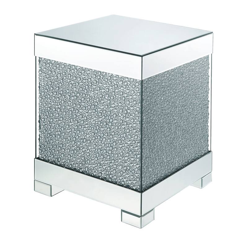 Contemporary Square Wooden End Table with Faux Crystal Inlays, Silver