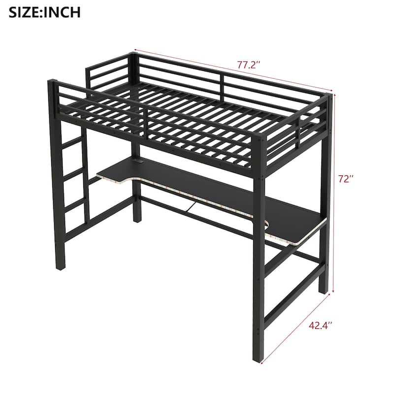 Metal Twin Size Loft Bed with Desk and Stairs, Heavy Duty Loft Bed Frame with LED Lights and USB Charge Station for Bedroom