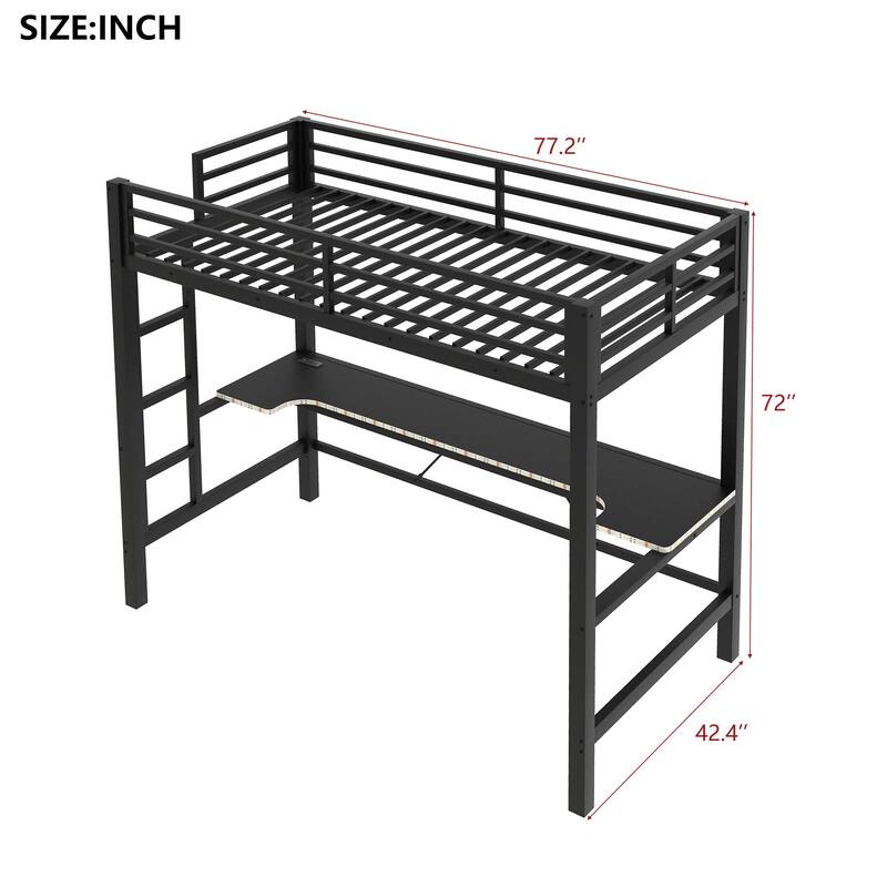 Twin Size Gaming Metal Loft Bed Frame with LED Light, USB Charge Station and Desk