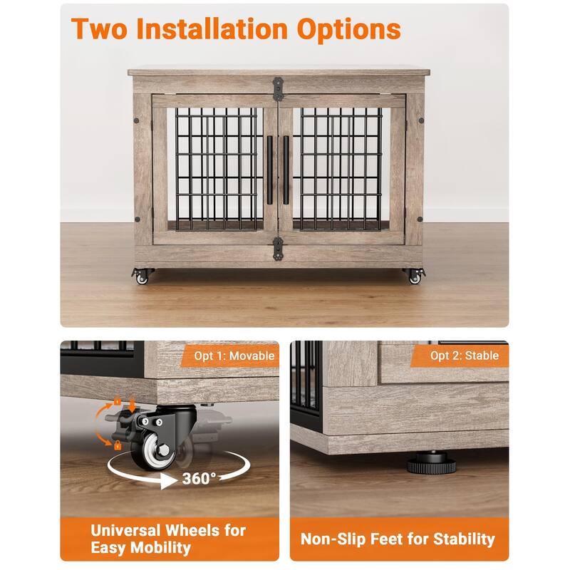 Dog Crate Furniture with Cushion Double Doors Wooden Dog Kennel
