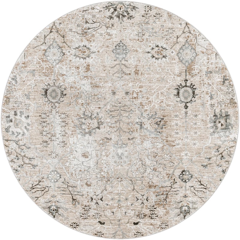 Brain Transitional Floral Area Rug - 7'10" x 7'10" Round - Khaki