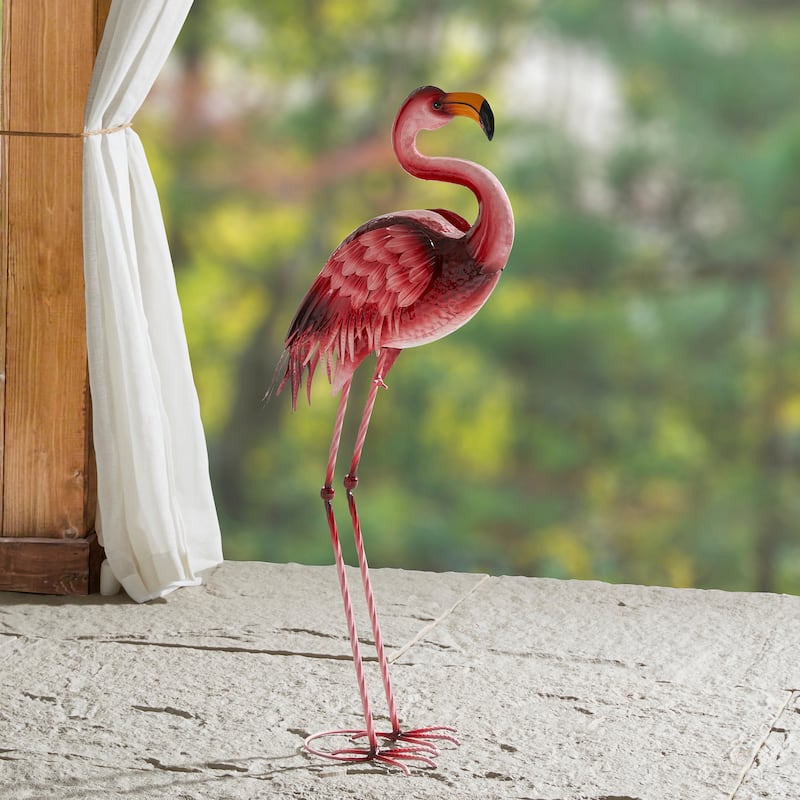 Glitzhome Metal Standing Crane Flamingo Garden Statue with Stakes Yard Art Sculpture Porch Decor