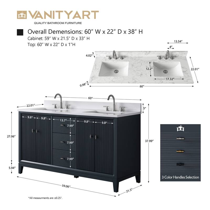 Vanity Art 60" Freestanding Bathroom Vanity with Engineered Marble Top and Sinks