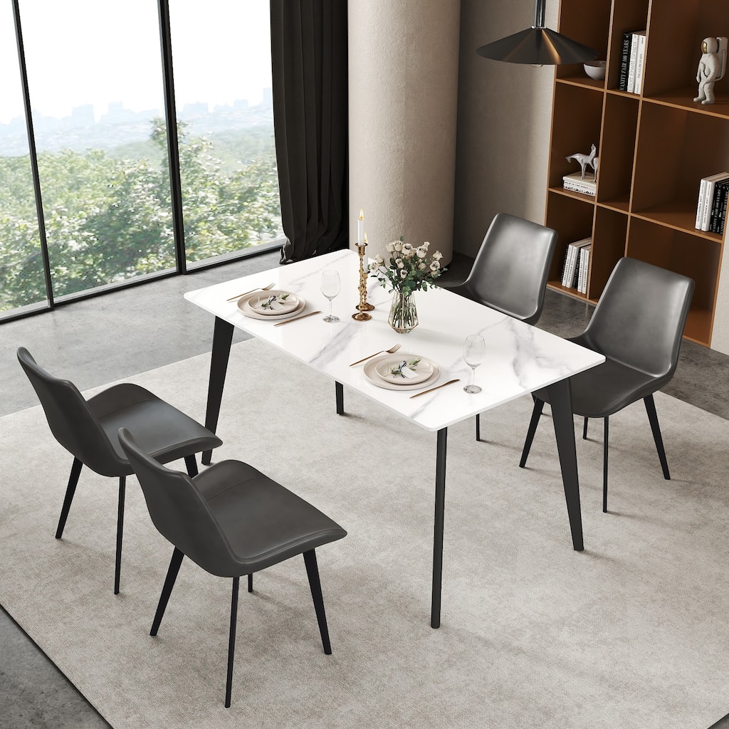 55 Inches Modern White Dining Room Table with Metal Gold Base, Sintered Stone Dining for 4 - N/A