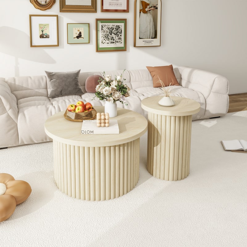 Roomfitters Coffee Table Set of 2, Round Modern Coffee Tables Nesting Accent End Tables - Natural
