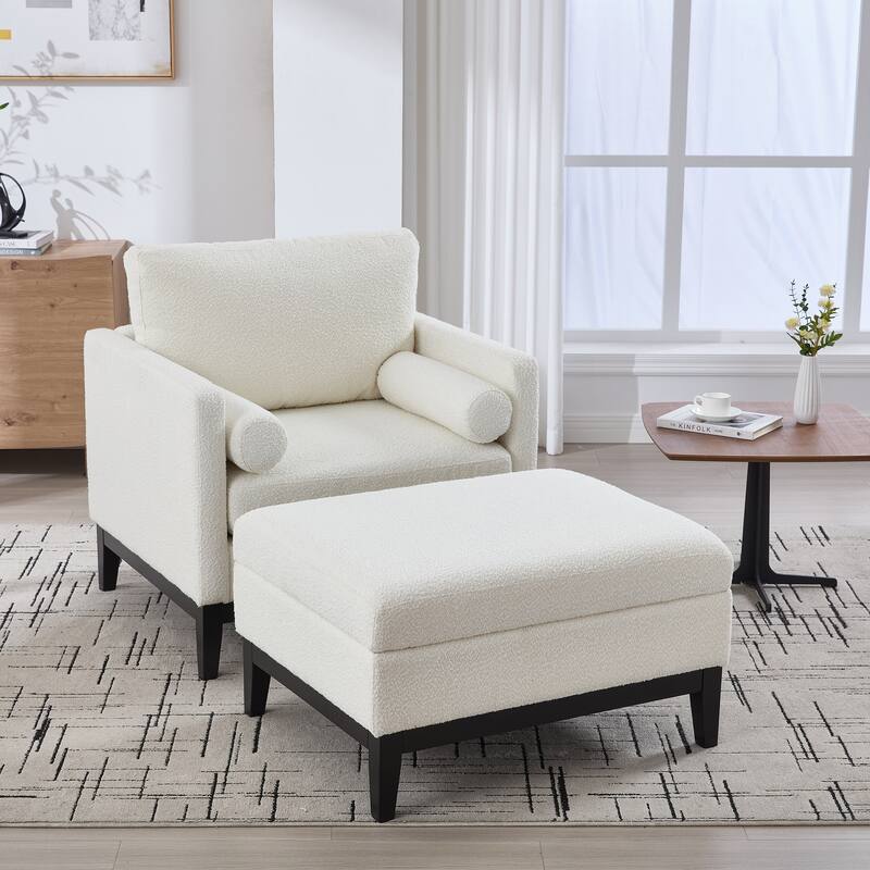 Roomfitters Boucle Accent Chair with Ottoman, Farmhouse Armchair and Reversible Lid Coffee Table Set for Living Room or Lounge