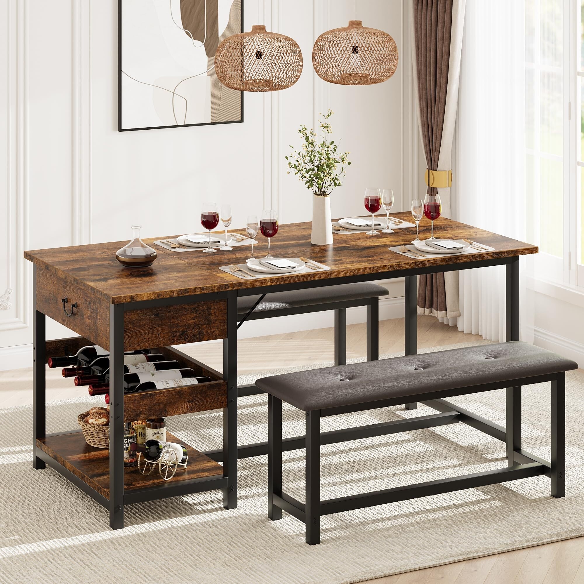 Dining Table Set for 4 with Upholstered Benches