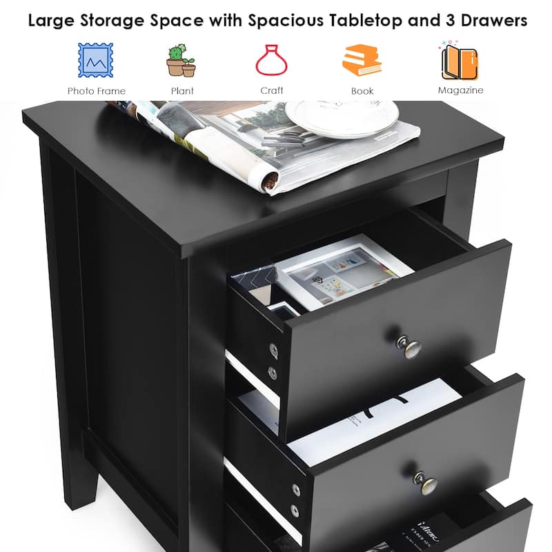 Costway 1PC/2PCS Nightstand End Beside Sofa Table w/ 3 Drawers Bedroom