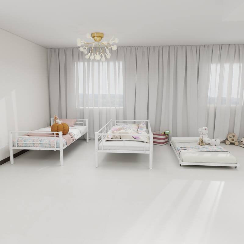 Durable Twin over Twin Bunk Bed with Safety Guardrail, Noise Reduced, No Box Spring Needed, White