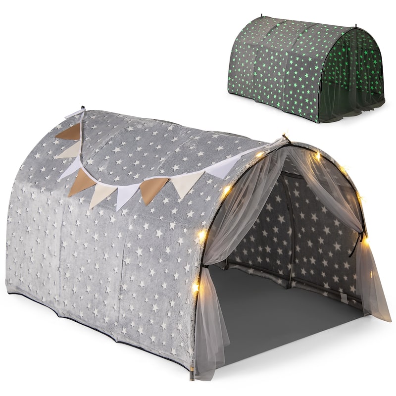 Grey Flannel Kids Bed Tent with Glow Stars, Mesh Curtains and Playhouse Decor - 54" x 40" x 32" (L x W x H) - Grey