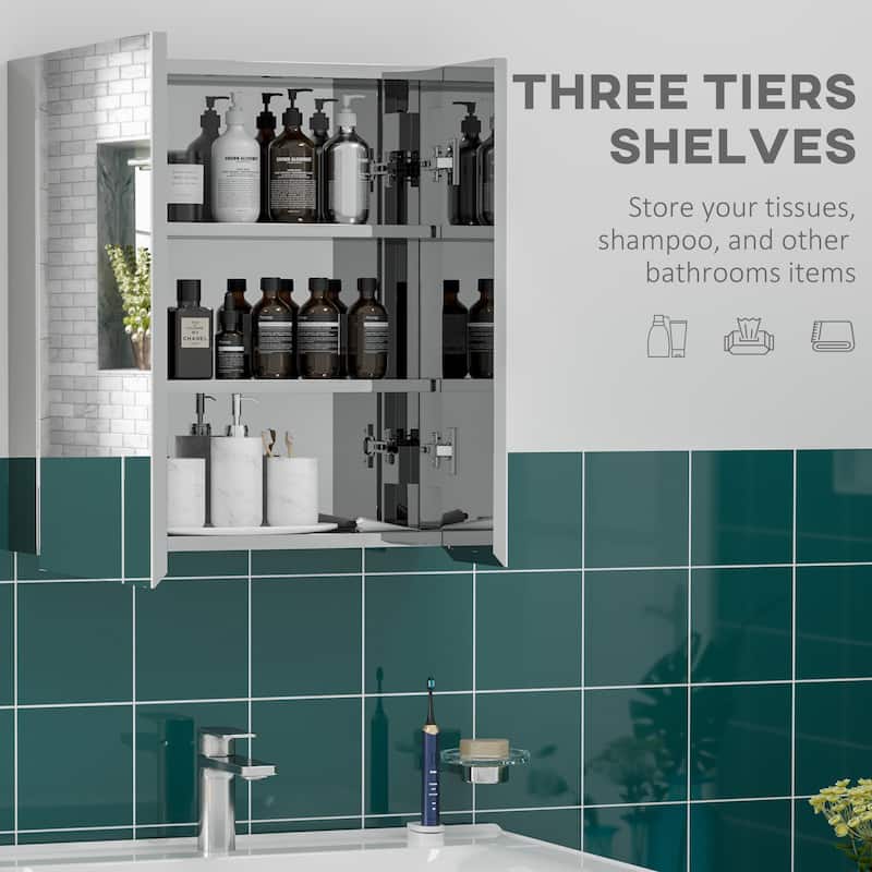 Silver Stainless Steel Bathroom Mirror Cabinet with Three Tier Shelves and Space Saving Design - 21.25" W x 5" D x 23.5" H