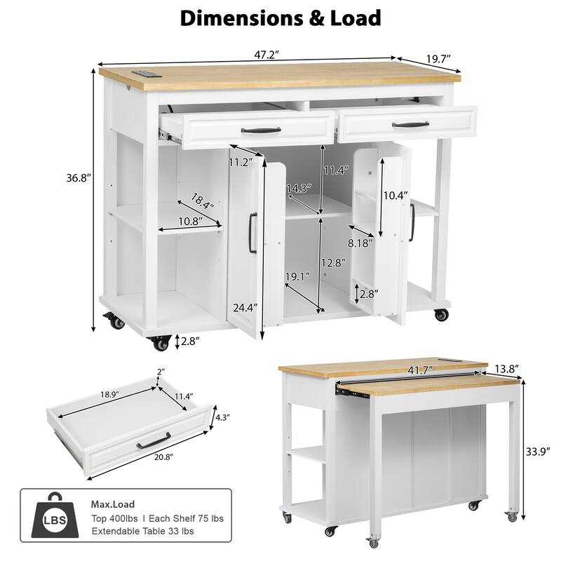 47.20'' Rubber Wood Kitchen Island with Extendable Dining Table, Power Outlet, and 2 Drawers - 47.2'' x 33.5'' x 36.75''
