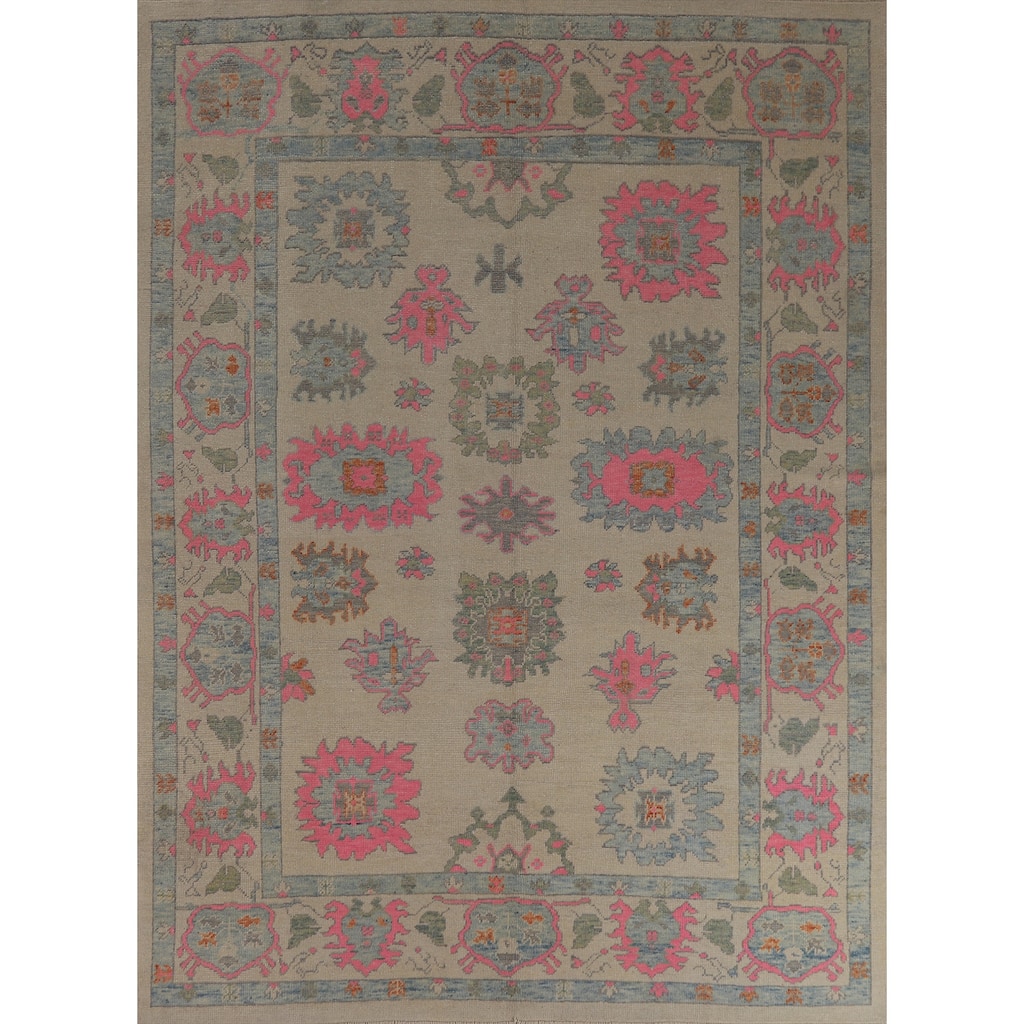 Hand Knotted Oriental 100% Wool Carpet Transitional All-Over Beige & Ivories Oushak Area Rug - 9' 10'' X 8' 1''