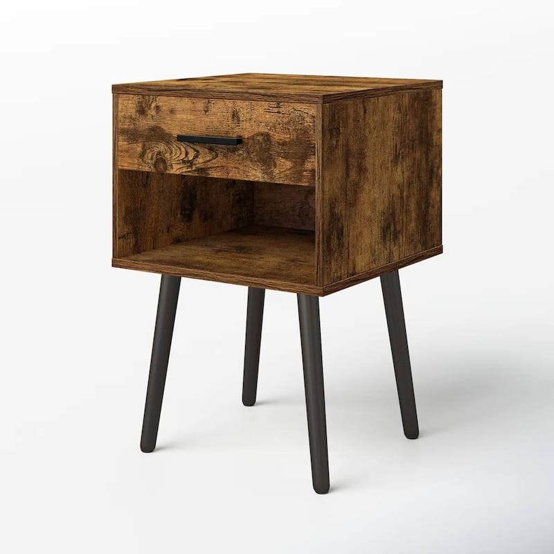 Mid Century Modern Farmhouse Nightstand with 1 Drawer Open Shelf Rustic Brown and Black Legs