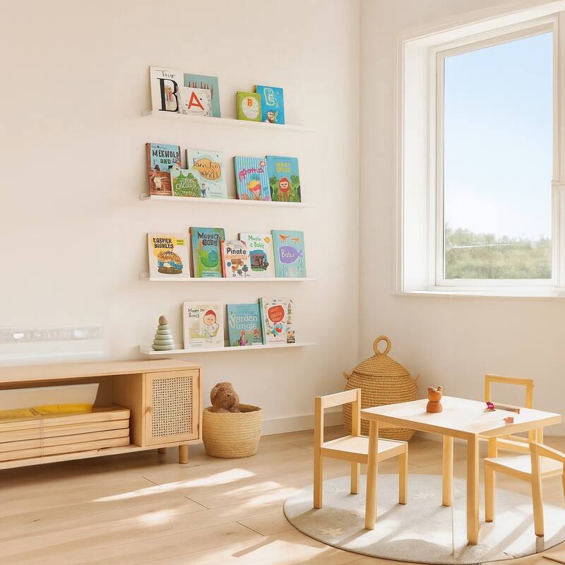 Yuli Modern Wall Shelf Set of 4, Raised Ledge Design, White MDF 39 Inch