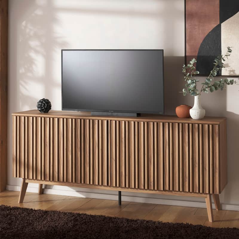 SAFAVIEH Helena 4-Door 4-Shelf Large Entertainment Media Stand for TVs up to 80" - 75"W x 18"D x 32"H - Oak