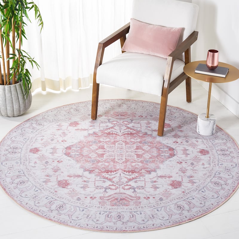 SAFAVIEH Tucson Machine Washable Slip Resistant Eloise Traditional Rug - 6' Round - Beige/Rust