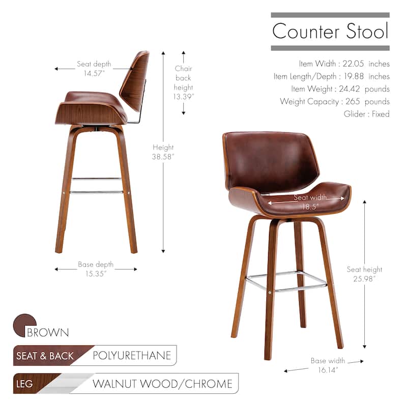 Porthos Home Ori Swivel Counter Stool, PU Leather, Wooden Legs with Footrest