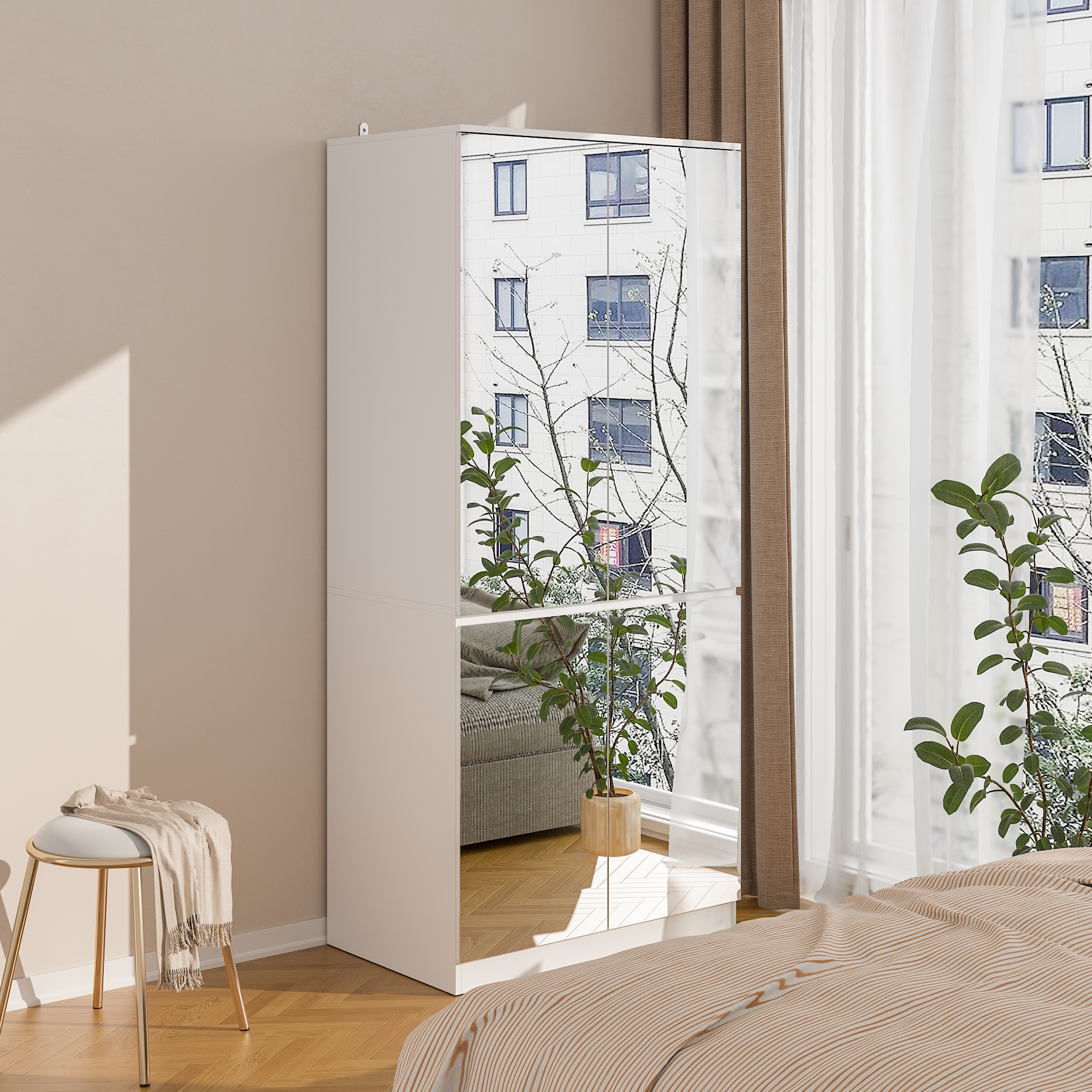 White Modular Wardrobe with Full Mirror Closet Cabinet Armoires  -image