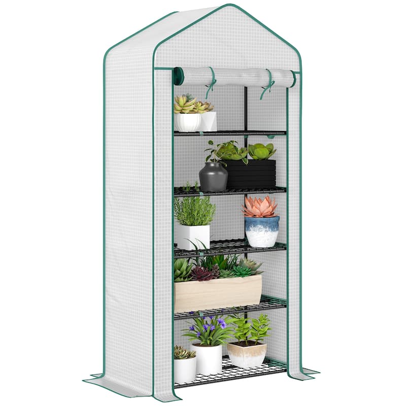 Outsunny 5 Tier Mini Greenhouse, 76" x 35.4" x 19.3" Small Portable Greenhouse with Reinforced PE Cover, Green - Mini