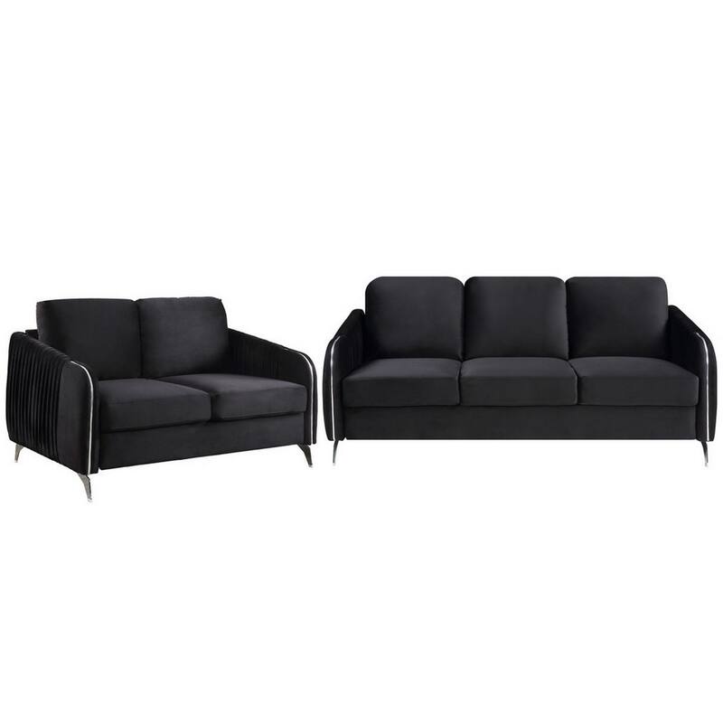 Leah 2 Piece Sofa Loveseat Set, Vertical Quilted Design, Jet Black Velvet - Black
