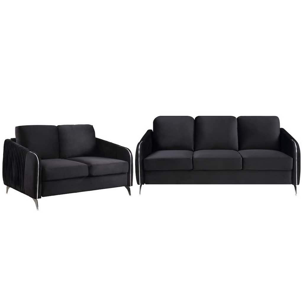 Leah 2 Piece Sofa Loveseat Set, Vertical Quilted Design, Jet Black Velvet