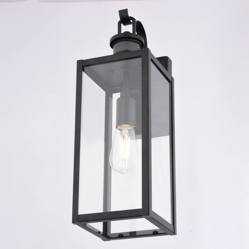 VAXCEL Clinton Matte Black Motion Sensor Dusk to Dawn Outdoor Wall Sconce Light Fixture, Steel, Clear Glass Shade