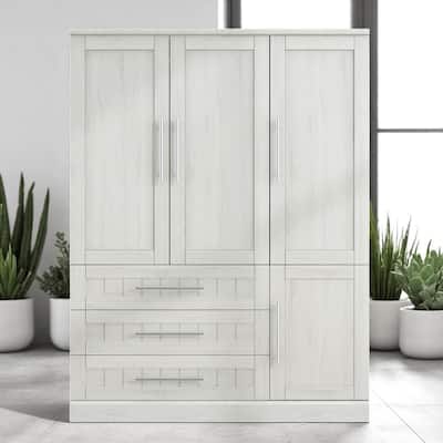 Wooden 4 Door Wardrobe Closet with 3 Drawers, Shelves & Hanging Space, Armoire Cabinet Organizer for Bedroom